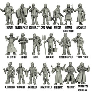 May include: A set of 16 miniature figures depicting various characters, including a detective, a farmer, a journalist, a guide, a telegraph operator, a card player, a female bartender, a young police officer, a smuggler, an adventurer, a visionary, a military person, a student of darkness, a jurist, a cosmographer, and an archivist. The figures are made of grey plastic and are posed in various positions.