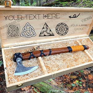 Viking Battle Ragnar&#39;s Axe Custom Hand Forged with Personalized Wooden Box , Hunting Gift for Men, Women on Wedding or Anniversary