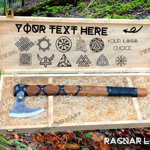 Viking Battle Ragnar&#39;s Axe Custom Hand Forged with Personalized Wooden Box , Hunting Gift for Men, Women on Wedding or Anniversary