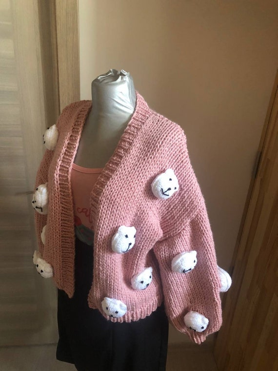 Bear Cozy Cardigan, 3d Bear Embroidery Sweater, Knitted