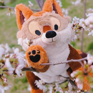 Puede incluir: Un peluche de zorro con pelaje marr&oacute;n, beige y blanco, ojos negros y nariz negra. El zorro est&aacute; posado en una rama con flores blancas. La pata del zorro est&aacute; extendida y el fondo est&aacute; borroso.