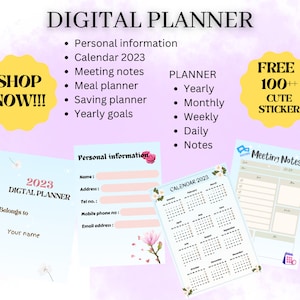 Puede incluir: Un planificador digital para 2023 con un fondo azul claro y detalles florales. El planificador incluye secciones para información personal, calendario, notas de reuniones, planificador de comidas, planificador de ahorros y objetivos anuales. También incluye un paquete gratuito de más de 100 pegatinas lindas.