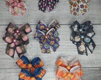 48 (24 pair) Dog Grooming bows,  fall prints, wholesale pack, top knot bows, bows with small Grooming band, dog bows, pumpkins