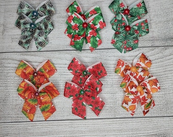 48 Dog Grooming bows,  Christmas fall prints, wholesale pack, top knot bows, Grooming ear bows, bows with small Grooming band, dog bows