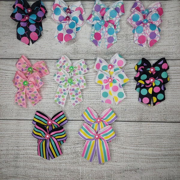 48 Dog Grooming bows,  bright colorful fun prints, wholesale pack, top knot bows, Grooming ear bows, bows with small Grooming band, dog bows