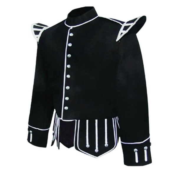 Men’s Scottish Handmade Black doublet piper kilt jacket -Marching Band wool jacket drummer doublet tunic jacket