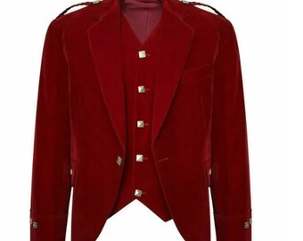 Men's Handmade Red Velvet Scottish Highland Argyle Kilt Jacket & Waistcoat Red velvet
