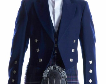 Chaqueta escocesa azul Prince Charlie Kilt con chaleco para hombre - Chaquetas escocesas de boda para hombre