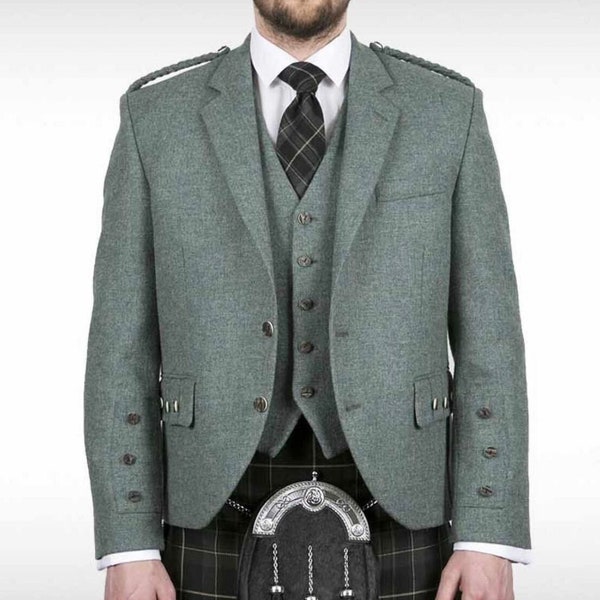 Schottische handgemachte Lovat Green Argyle Kilt Jacke für Herren mit Weste Hochzeit Kilt Jacke / Brustumfang von 84 bis 54 Zoll