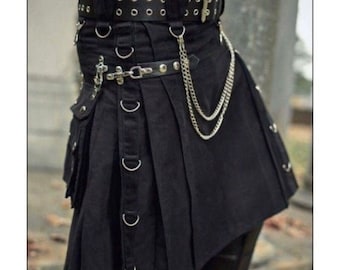 Men's Scottish Handmade Tactical Kilt Black Utility Fashion Gothic Kilt For Men