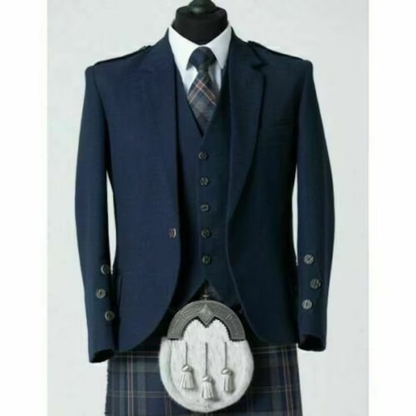 Veste kilt en laine bleu marine faite à la main pour hommes avec gilet Veste kilt de mariage écossais Argyle pour hommes