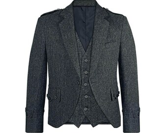 Veste gris anthracite écossaise faite à la main pour hommes tweed laine Argyle veste kilt et gilet veste kilt de mariage / Poitrine 34 » à 54 » pouces