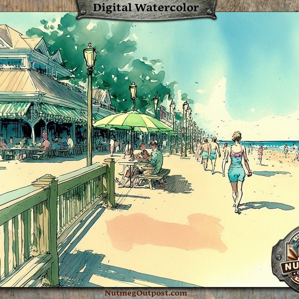 Printable Art - Ocean Beach Boardwalk | Rustic Americana | Landscape Painting Wall Decor // Digital Download - (Nutmeg Outpost)