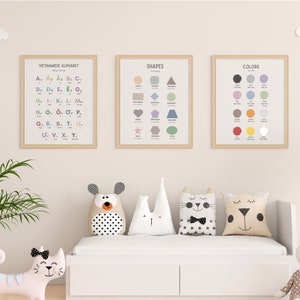 3 cartel educativo vietnamita bilingüe imprimible, carteles de alfabetos/colores/formas, inspirado en Montessori, decoraciones de guardería/aula 12x18