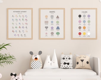 3 druckbare zweisprachige Vietnamesisch Lehrposter, Alphabete / Farben / Formen Poster, Montessori inspiriert, Kinderzimmer / Klassenzimmer Dekore 12x18