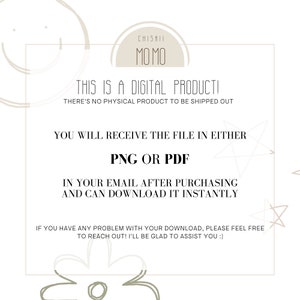 K&ouml;nnte beinhalten: Ank&uuml;ndigung eines digitalen Produkts mit dem Text "THIS IS A DIGITAL PRODUCT!" und "PNG OR PDF". Das Design enth&auml;lt den Markennamen "CHISAII MOMO" in einem kreisf&ouml;rmigen Logo mit dekorativen Blumen- und Sternelementen.