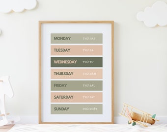 Tage der Woche druckbare zweisprachige Vietnamesisch Poster, Montessori inspiriert, Home-school, Kinderzimmer/Klassenzimmer Dekore 12x18