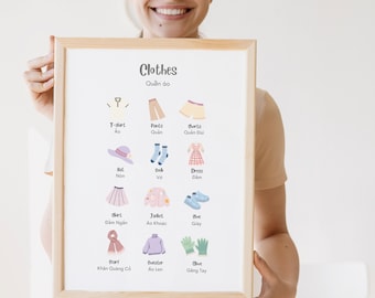 Druckbare zweisprachige Vietnamesisch-Bildungsposter, Poster der Bekleidungskategorie, Englisch & Vietnamesisch lernen, Kinderzimmer / Klassenzimmer Dekore 12x18