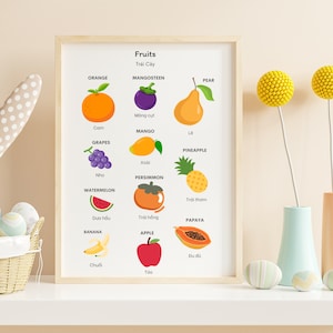 Printable Bilingual Vietnamese Fruits Educational Posters, English & Southern Vietnamese Learning, Fun Simple Nursery/Classroom Decors 12x18