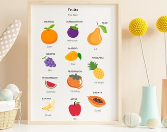 Druckbare zweisprachige Vietnamesische Früchte Lernposter, Englisch & Süd-Vietnamesisch, lustige einfache Kinderzimmer-/Klassenzimmerdekorationen 30x45 cm