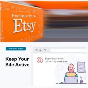 Könnte beinhalten: Ein Screenshot einer Website, der ein WordPress-Plugin zeigt, das dazu beiträgt, Ihre Website aktiv zu halten und kritische Fehler zu vermeiden. Das Plugin wird als exklusiv auf Etsy erhältlich beworben. Das Bild zeigt eine Cartoon-Illustration einer Person, die an einem Laptop arbeitet.
