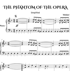 May include: Sheet music for "The Phantom of the Opera" by Webber, simplified for piano. The black and white musical notation includes treble and bass clefs, with dynamic markings and a piano keyboard illustration.