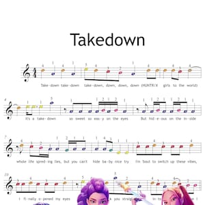 May include: Sheet music titled "Takedown" with musical notes and lyrics. The image features three animated female characters from "KPOP DEMON HUNTERS". The characters are in front of the sheet music. The text "KPOP DEMON HUNTERS" is also visible.