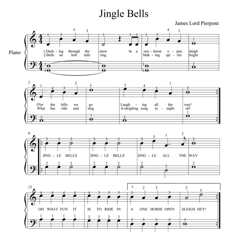 Jingle Bells Very Easy Piano Sheets Digital Download With Lyrics and