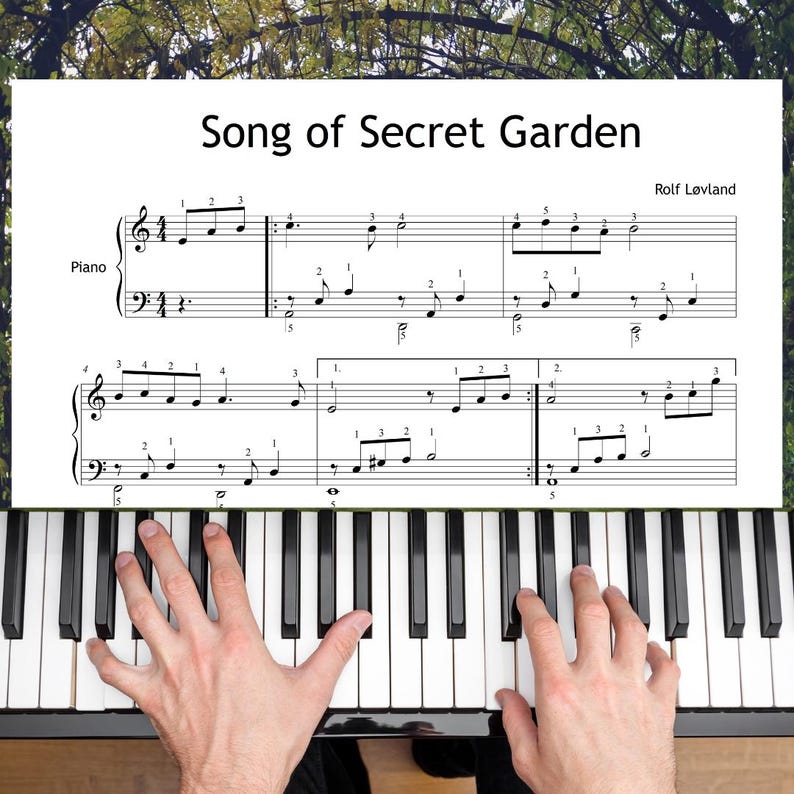 Piano sheet with finger numbers for Song from a Secret Garden. Helps learners develop proper hand placement and technique. Ideal for self-study or lessons. Bonus violin/C instrument part included for duet performance.