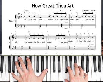 May include: A piano keyboard with sheet music titled "How Great Thou Art" is visible. The sheet music is on top of the piano keys. The text "How Great Thou Art" and the composer's name are visible. The hands of a person are playing the piano.