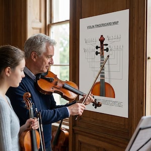 May include: A violin fingerboard map poster with musical notation and a diagram of a violin. A man and a woman are holding violins, with the man pointing to the poster with his bow. The poster is on a wooden door.