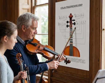 Plan de la touche de violon – Première note et tableau de placement des doigts | PDF de référence pour violon pour débutants imprimable