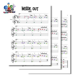 Può includere: Uno spartito musicale per il tema musicale di "Inside Out". Lo spartito è stampato su carta bianca e presenta un pentagramma per pianoforte con note di diversi colori. Il titolo "Inside Out Theme" è stampato nella parte superiore della pagina.