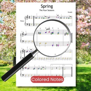 May include: Sheet music for piano with the title "Spring" and "The Four Seasons" by Vivaldi. The music notes are colored, and a magnifying glass is placed over the sheet music. The words "Colored Notes" are in a red oval at the bottom.