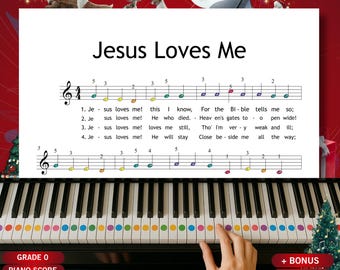 Jesús me ama – William B. Bradbury – Partitura para piano simplificada (Grado 0, muy fácil) con letra / Descarga instantánea en PDF
