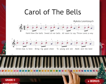 Carol of the Bells – Mykola Leontovych – Simplified Grade 0 Very Easy Christmas Piano Sheet with Lyrics | PDF Instant Download
