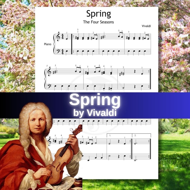May include: Sheet music for "Spring" from Vivaldi's "The Four Seasons" is displayed. The image features a portrait of Vivaldi and a musical score for piano and violin. The title "Spring" is prominently displayed in white text against a blue background.