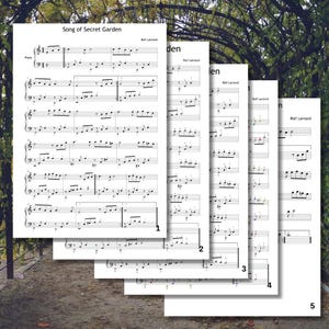 Complete piano sheet bundle for Song from a Secret Garden: clean, labeled, fingered, and color versions included. Suitable for various learning needs. Bonus: duet-compatible part for violin or C instruments.