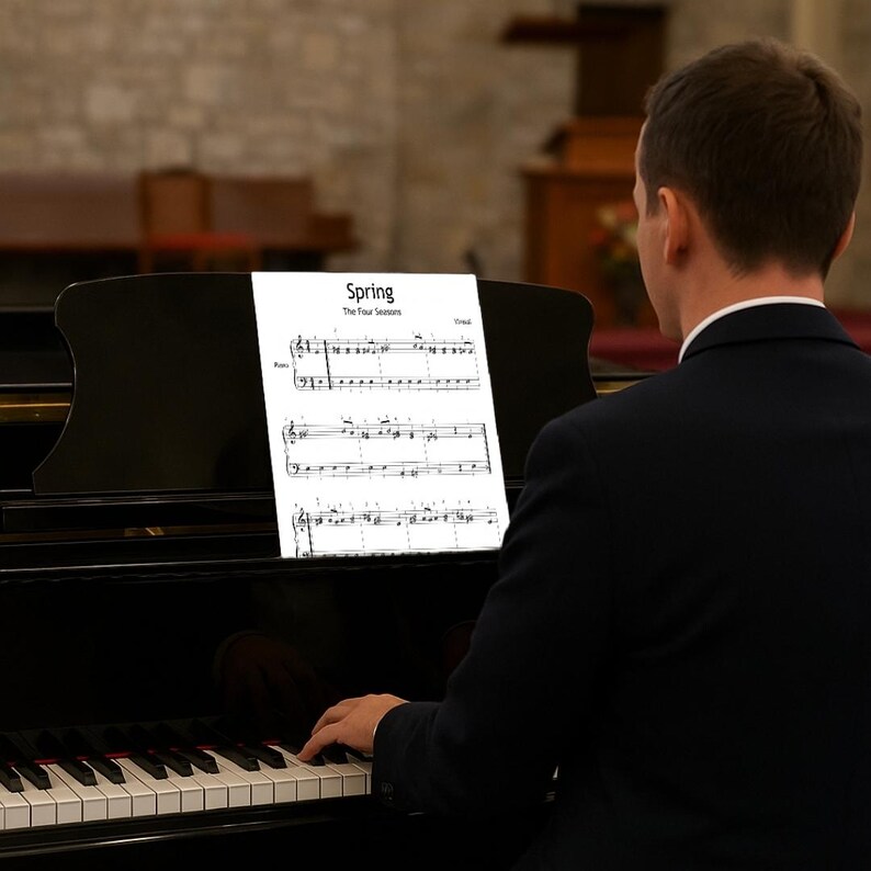 May include: A person playing a black grand piano. Sheet music titled "Spring" from "The Four Seasons" is on the music stand. The piano keys are white and black. The background is a church interior.