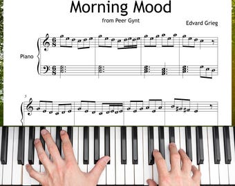 May include: A piano keyboard with black and white keys, with sheet music titled "Morning Mood" from Peer Gynt by Edvard Grieg. The sheet music is in the foreground, with hands playing the piano.