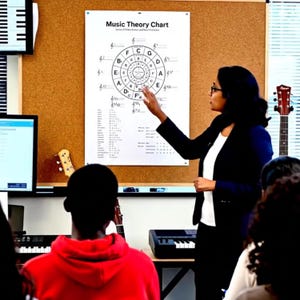 May include: A music theory chart titled "Music Theory Chart" is displayed on a corkboard. A woman in a black blazer points to the chart while teaching a class. Guitars and keyboards are visible in the classroom.