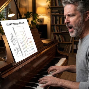 Könnte beinhalten: Ein Mann singt, während er ein dunkles Holzklavier spielt. Ein Blatt Papier mit dem Text "Vocal Range Chart" liegt auf dem Klavier. Die Tabelle zeigt Noten und Gesangsbereiche, darunter Sopran, Mezzosopran, Alt, Tenor, Bariton und Bass.