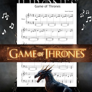 Op de afbeelding: Bladmuziek voor piano met de titel "Game of Thrones" en de componist Ramin Djawadi. De afbeelding bevat het logo van de serie en een drakenillustratie. Muzieknoten en symbolen zijn zichtbaar.