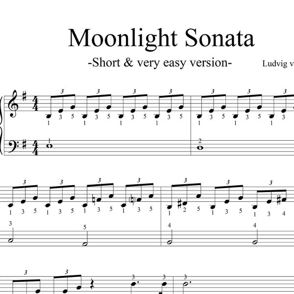 Moonlight Sonata - Beethoven - Valentine's Day Gift, Short & Very Easy Piano Sheets - Digital Download - with finger numbers - for beginner