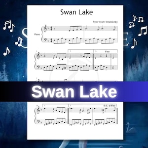 Può includere: Spartito per pianoforte di "Il lago dei cigni" di Pëtr Il'ič Čajkovskij. La musica è stampata in nero su carta bianca. Il titolo "Il lago dei cigni" è visualizzato in uno striscione blu. Sono visibili note musicali.
