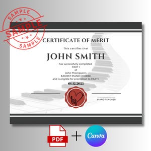 Certificado de Logro de Piano Personalizable - Plantilla de Diploma de Premio Musical para Estudiantes - Certificado Canva Imprimible A4 + Carta EE. UU.