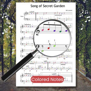Color-coded piano sheet music for visual learners playing Song from a Secret Garden. Each note is matched to a color for easier recognition and practice. Bonus violin/C instrument part included for duet play.