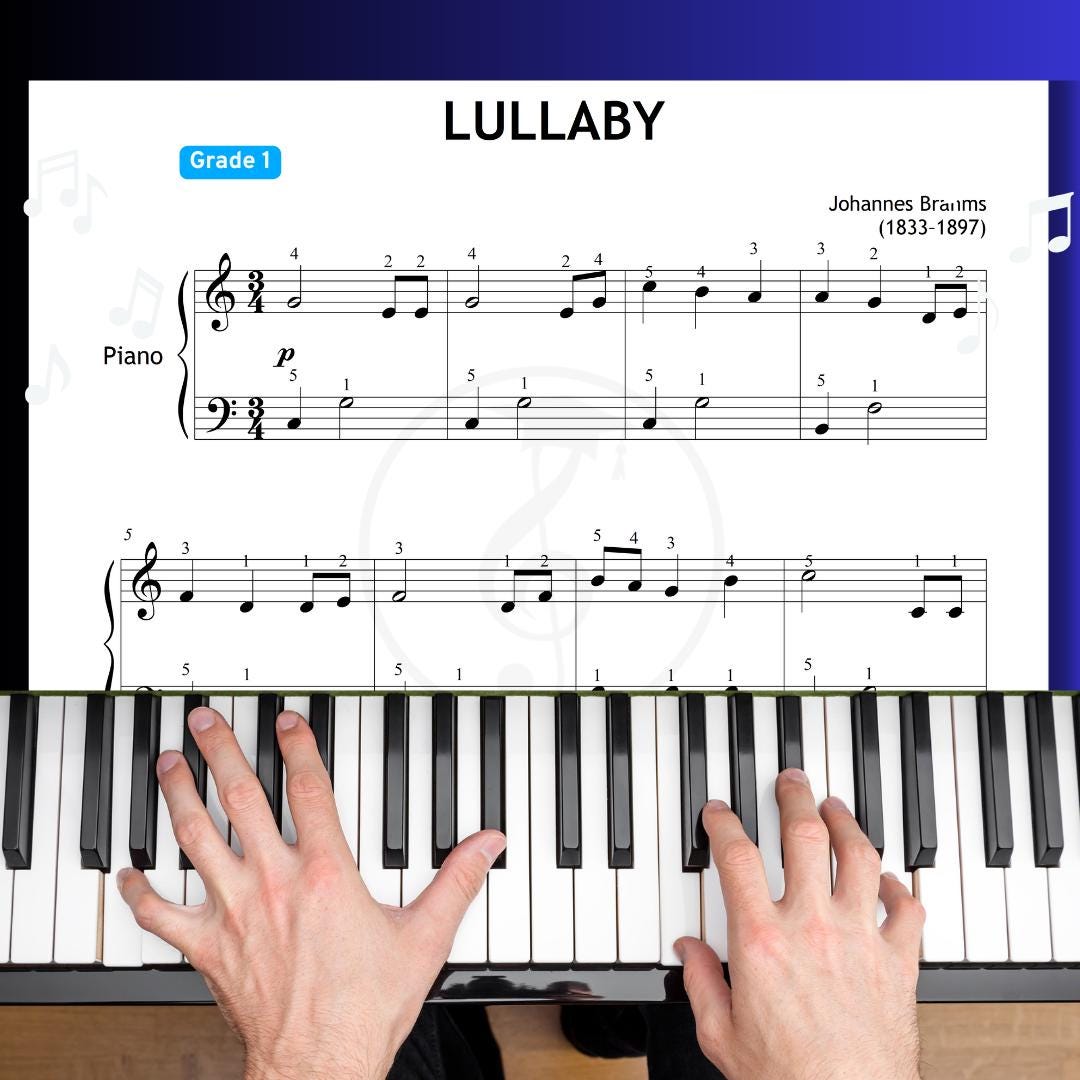 Brahms Lullaby Grade 1 - Easy Piano Sheet Music PDF With Finger Numbers ...