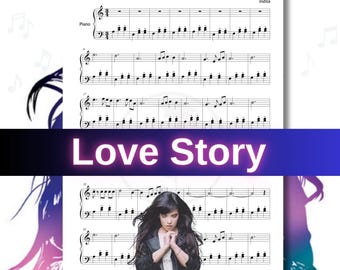 Könnte beinhalten: Noten für "Love Story" von Indila, mit Klaviernoten. Das Bild zeigt den Titel in großen, fetten Buchstaben und ein Foto einer Frau. Die Musik ist auf weißem Hintergrund geschrieben.