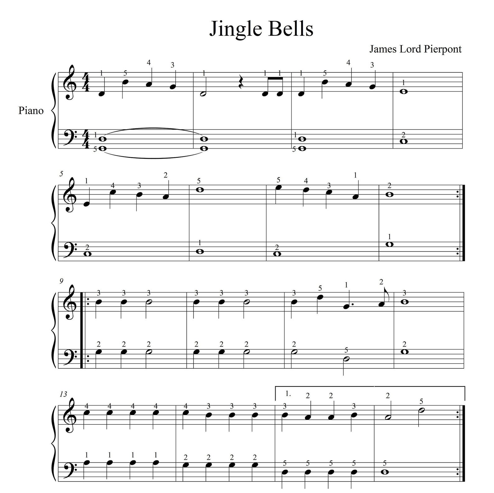 Jingle Bells Very Easy Piano Sheets Digital Download With Lyrics and